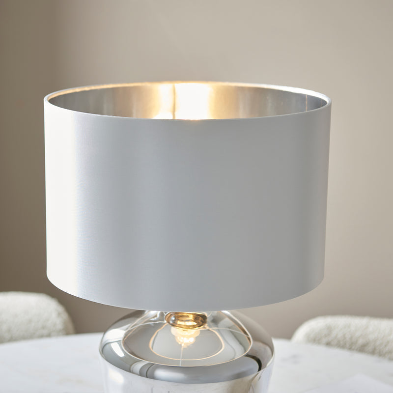 Detail of the chrome and ivory finish on the Waldorf Glass Table Lamp