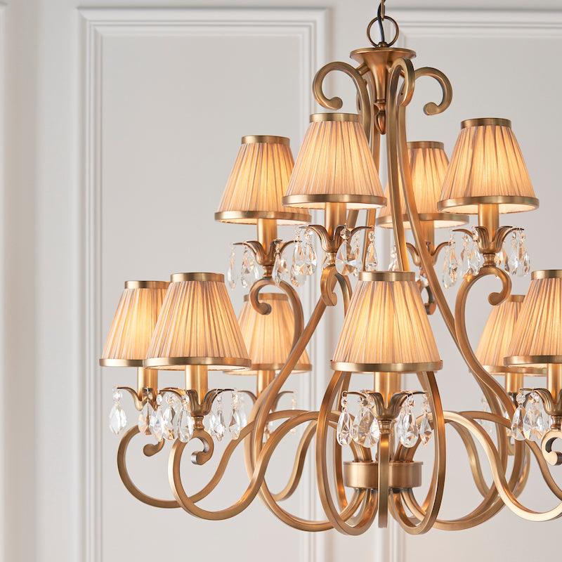 Oksaana brass chandelier 63521 living room shades close up