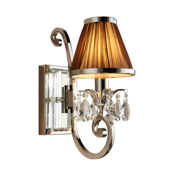 Endon Oksana 1 Light Crystal Wall Sconce in Polished Nickel with Chocolate Brown Pleated Shade – Elegant Dimmable E14 LED Wall Light for Classic & Contemporary Interiors.