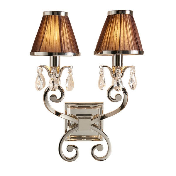 Endon Oksana 2 Light Crystal Wall Sconce in Polished Nickel with Chocolate Brown Pleated Shades – Elegant Dimmable E14 LED Wall Light for Classic & Contemporary Interiors.