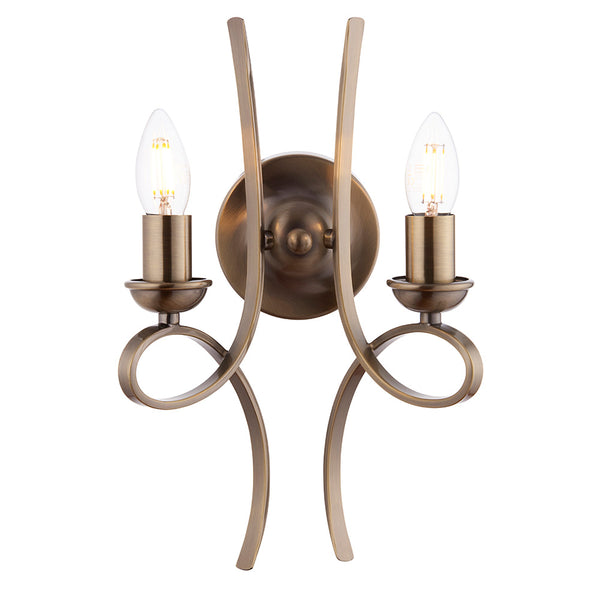 Endon Penn 2 Light Twin Wall Sconce in Brushed Brass – Elegant Dimmable LED Wall Light with Curved Arms for Classic Interiors.