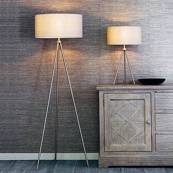 Endon Tri Tripod Floor Lamp in matt nickel and grey in a styled living room