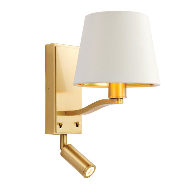 Harvey 1 Light Wall & Spot Light in Brushed Satin Gold with Vintage White Faux Silk Shade – Adjustable LED Reading Light for Bedrooms & Living Spaces.