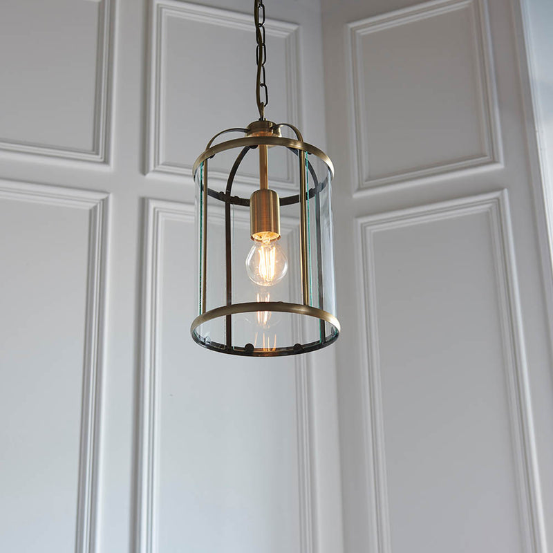 Detail of the antique brass finish on the Lambeth Lantern Pendant