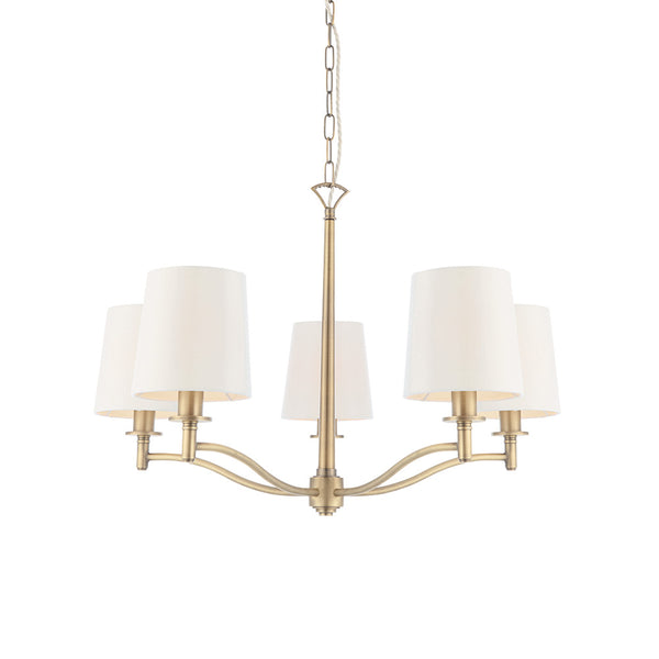 Endon Ortona 5 Light Chandelier in matt antique brass with vintage white fabric