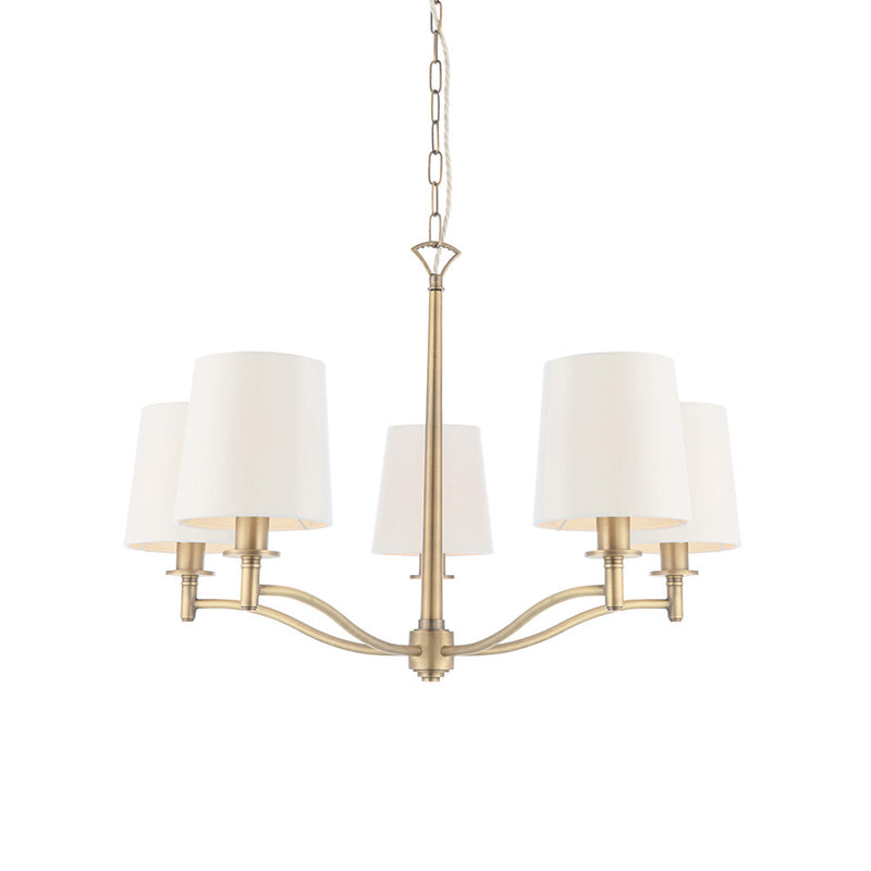 Endon Ortona 5 Light Chandelier in matt antique brass with vintage white fabric