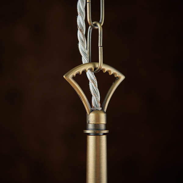 Ortona 5 Light Chandelier detail showing the vintage white fabric and fittings