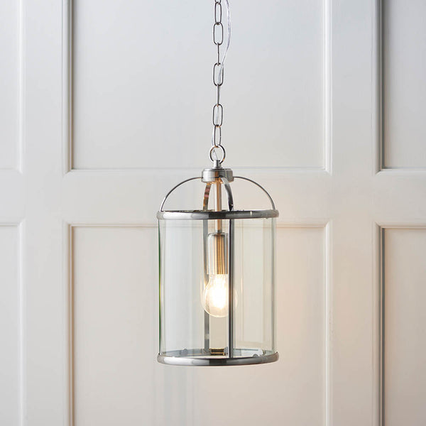 Lambeth Lantern Pendant in satin nickel hanging in a hallway