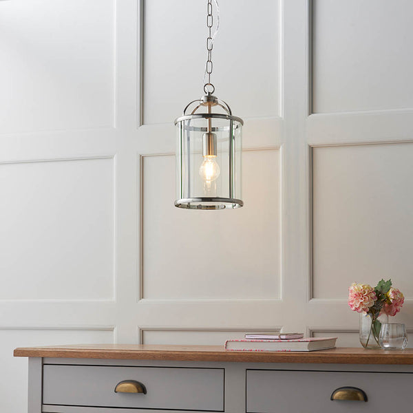 Lambeth Lantern Pendant in satin nickel shown in a room setting