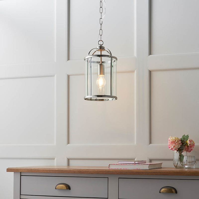 Lambeth Lantern Pendant in satin nickel shown in a room setting