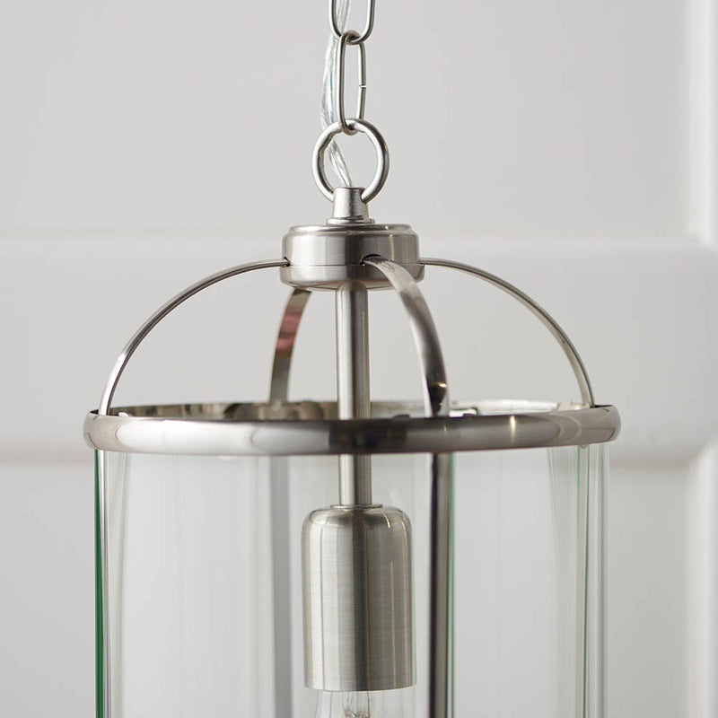 Detail of the satin nickel finish on the Lambeth Lantern Pendant