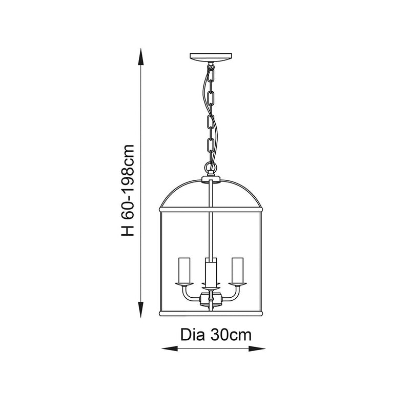 Lambeth 4 Light Lantern Pendant dimension drawing showing width and drop
