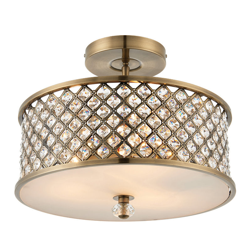 Endon Hudson 3 Light Crystal Flush Ceiling Light in antique brass with clear crystal