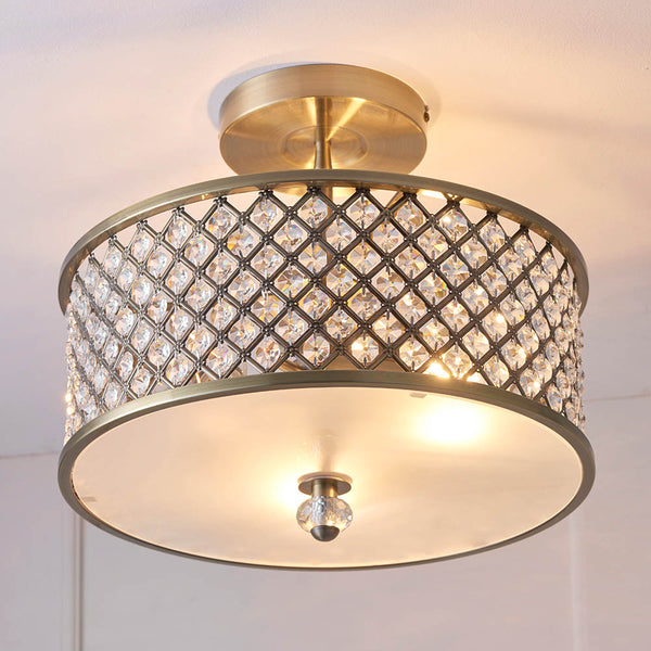 Hudson 3 Light Crystal Flush Ceiling Light in antique brass on a bedroom ceiling