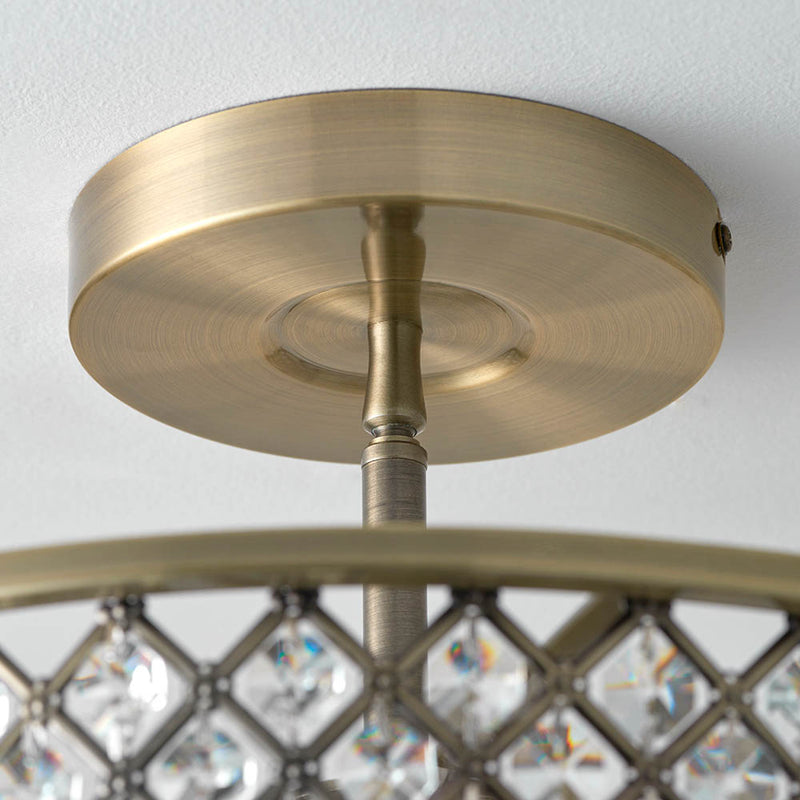 Hudson 3 Light Crystal Flush Ceiling Light detail showing the clear crystal and fittings