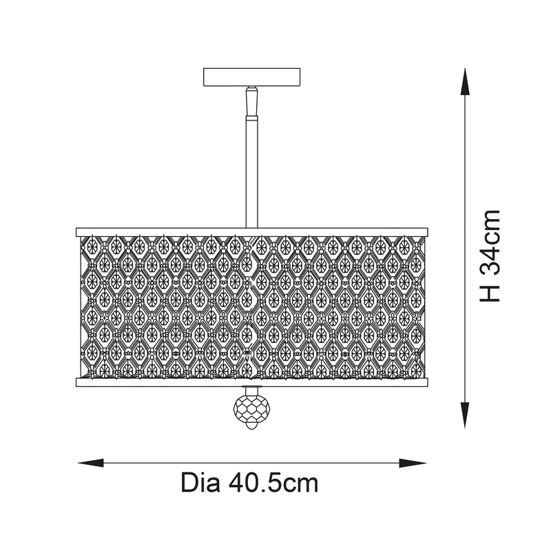 Hudson 3 Light Crystal Flush Ceiling Light dimension drawing showing width and depth