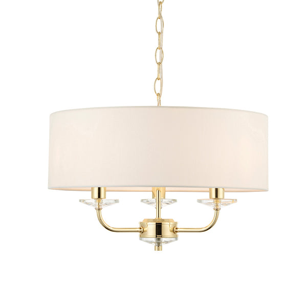 Endon Nixon 3 Light Chandelier in brass with vintage white fabric