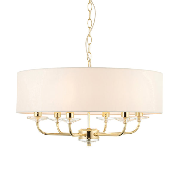 Endon Nixon 6 Light Chandelier in brass with vintage white fabric