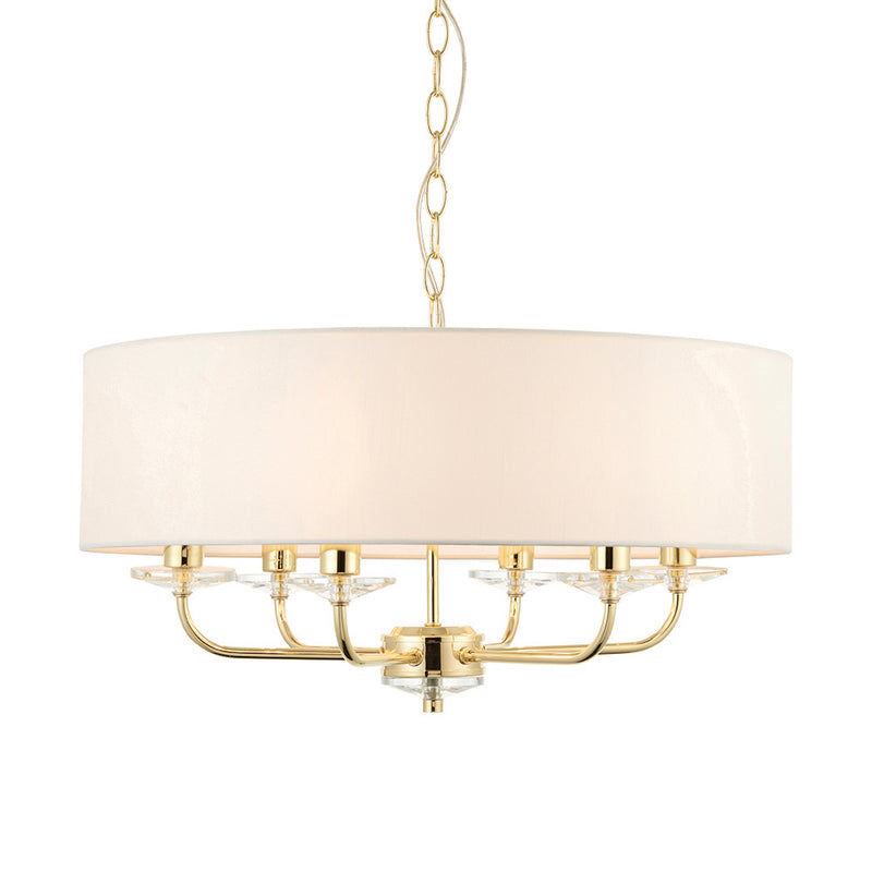Endon Nixon 6 Light Chandelier in brass with vintage white fabric