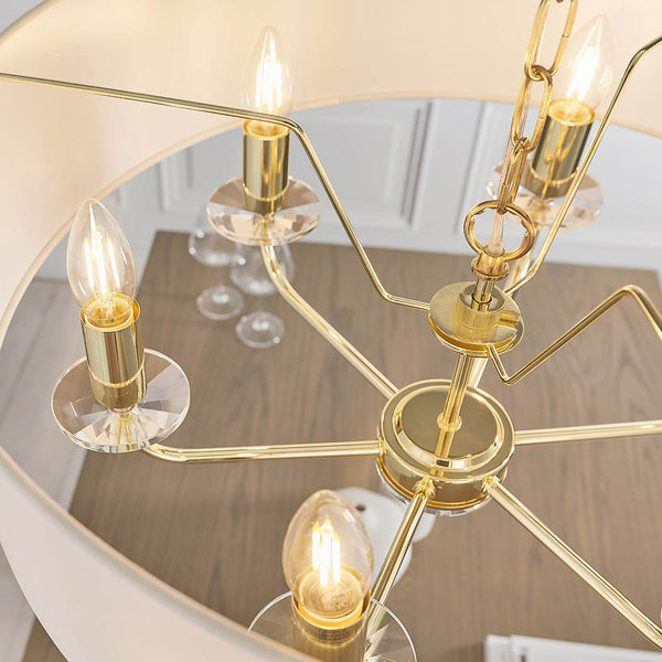 Close-up of the vintage white fabric on the Nixon 6 Light Chandelier