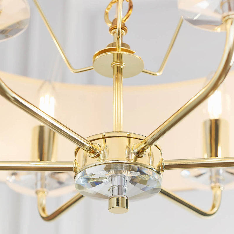 Nixon 6 Light Chandelier detail showing the vintage white fabric and fittings