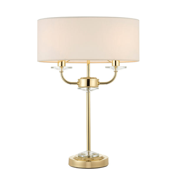 Endon Nixon 2 Light Table Lamp in brass on a white background