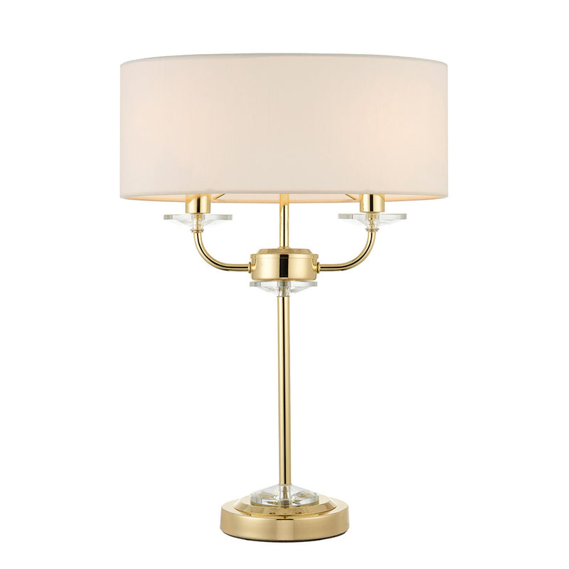 Endon Nixon 2 Light Table Lamp in brass on a white background