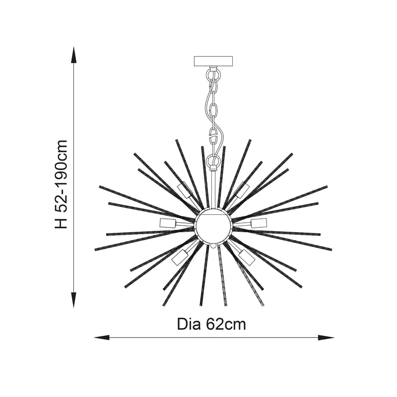 Orta 9 Light Sputnik Pendant dimension drawing showing width and drop