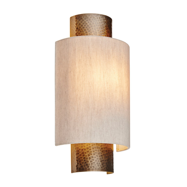 Indara Wall Light in Hammered Aged Bronze with Natural Linen Fabric Shade – Stylish, Dimmable Wall Sconce for Living Rooms, Bedrooms & Hallways