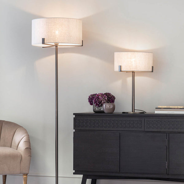 Hayfield Table Lamp lit up in a living room setting