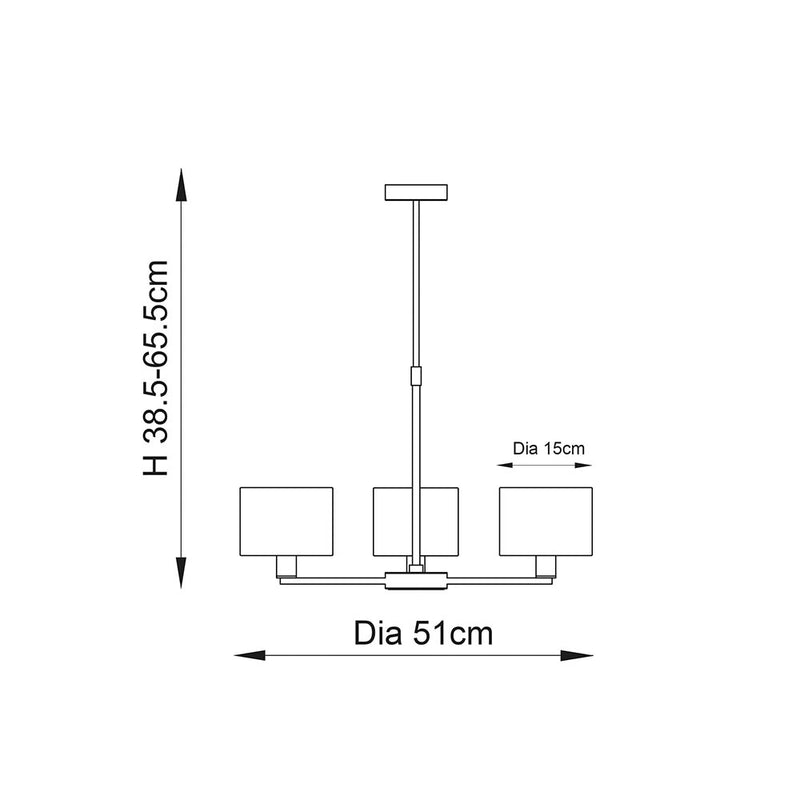 Daley 3 Light Pendant dimension drawing showing width and drop