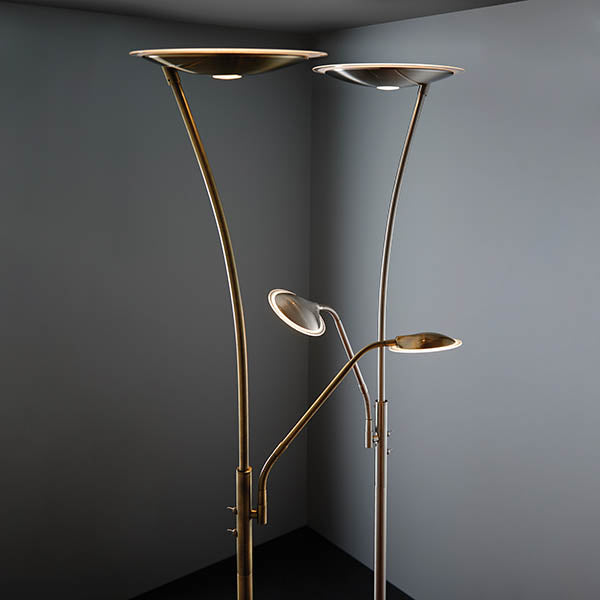 Endon Alassio LED Mother and Child Floor Lamp in antique brass in a styled living room