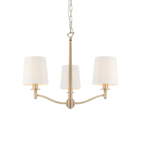 Endon Ortona 3 Light Chandelier in matt antique brass with vintage white fabric