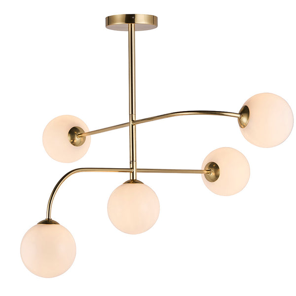 Endon Otto 5 Light Semi Flush Ceiling Light in satin brass with opal glass