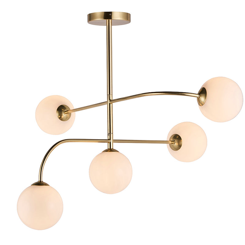 Endon Otto 5 Light Semi Flush Ceiling Light in satin brass with opal glass