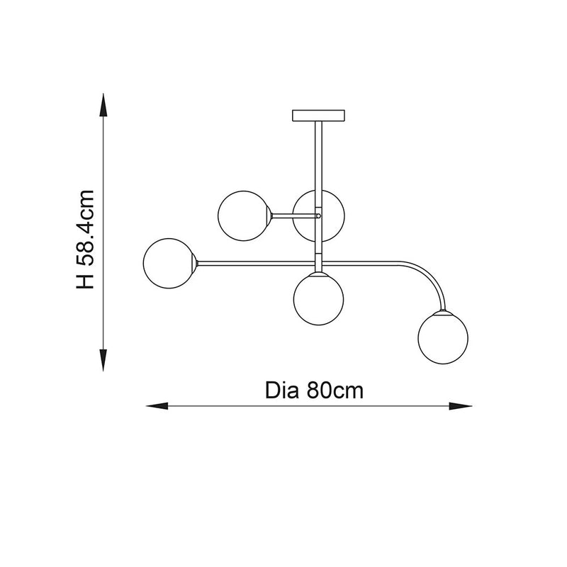 Otto 5 Light Semi Flush Ceiling Light dimension drawing showing width and depth