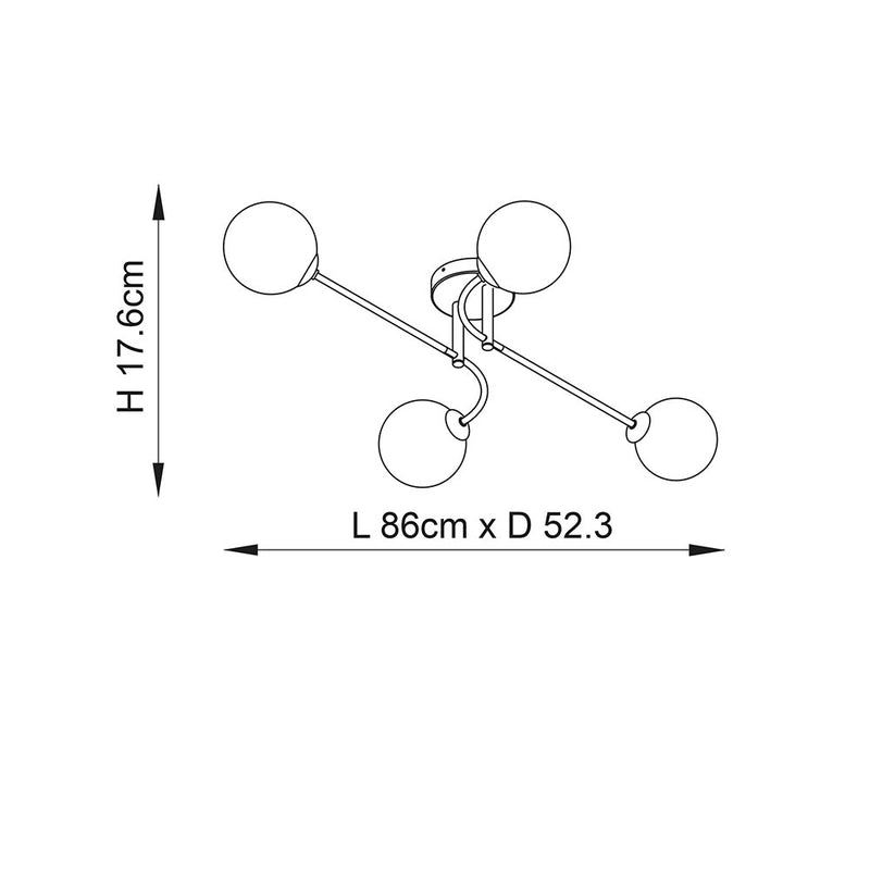 Otto 4 Light Semi Flush Ceiling Light dimension drawing showing width and depth