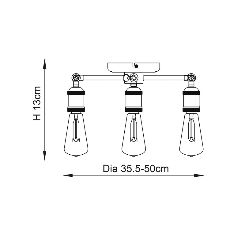 Hal 3 Light Semi Flush Ceiling Light dimension drawing showing width and depth