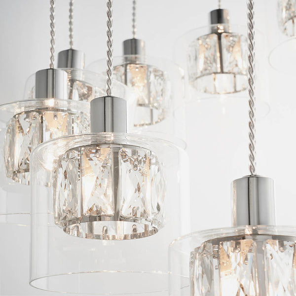 Close-up of the clear glass on the Verina 12 Light Cascade Pendant