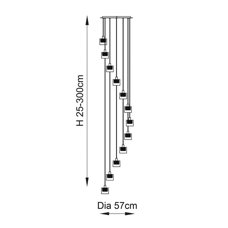 Verina 12 Light Cascade Pendant dimension drawing showing width and drop