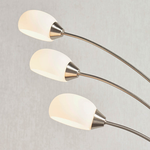 Detail of the satin nickel finish on the Jaspa 3 Light LED Arc Floor Lamp
