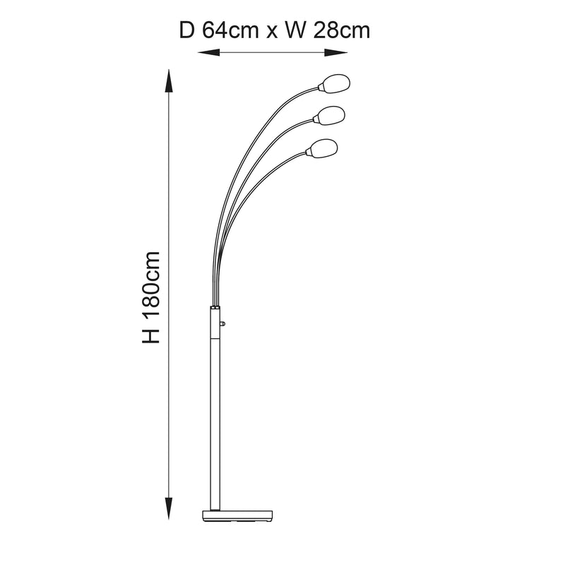 Jaspa 3 Light LED Arc Floor Lamp dimension drawing showing height and width