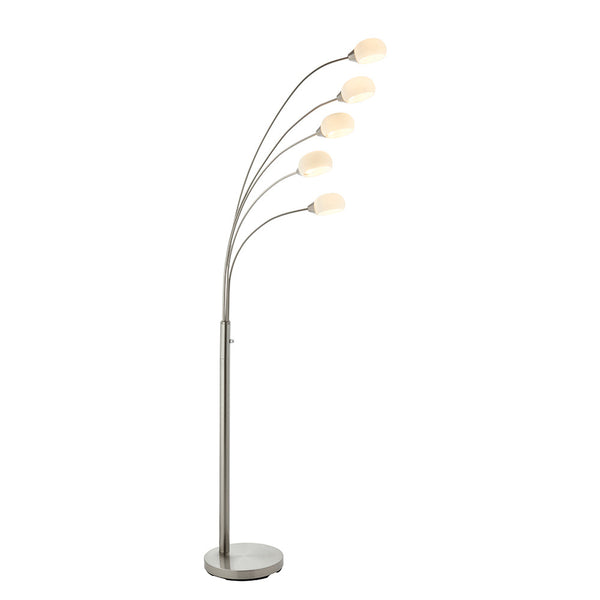 Endon Jaspa 5 Light LED Arc Floor Lamp in satin nickel on a white background