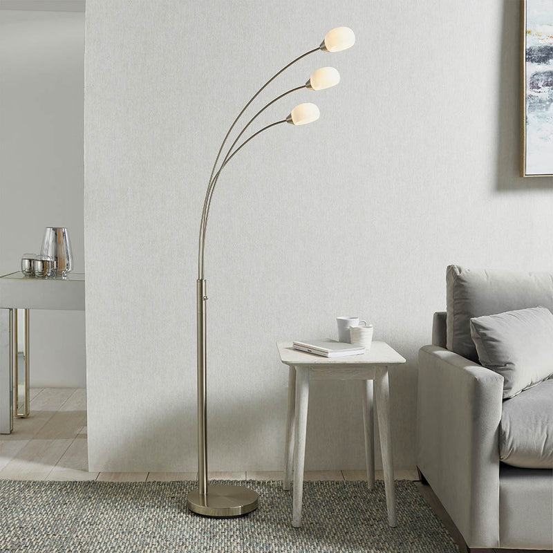 Endon Jaspa 5 Light LED Arc Floor Lamp in satin nickel in a styled living room