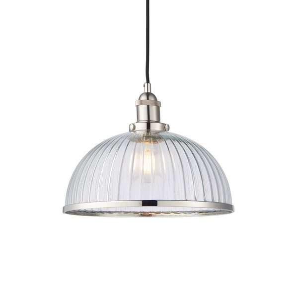 Endon Hansen Ribbed Pendant in bright nickel with clear ribbed glass