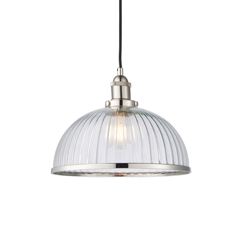 Endon Hansen Ribbed Pendant in bright nickel with clear ribbed glass