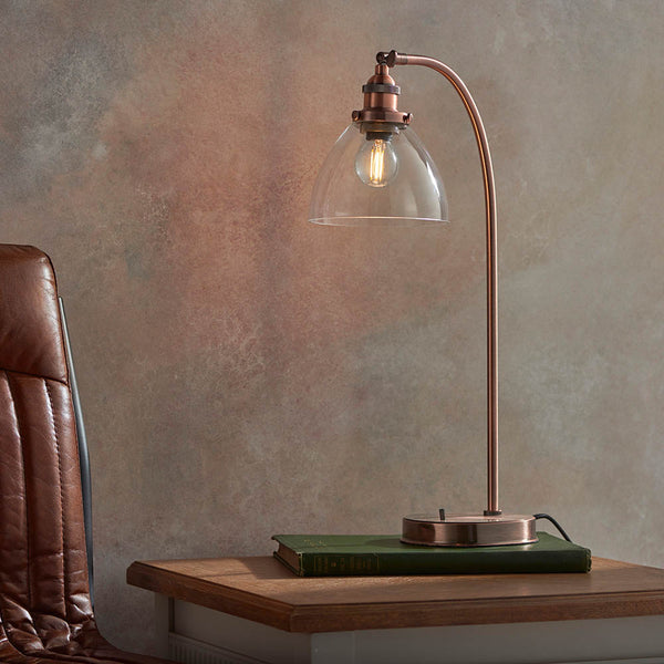 Endon Hansen Task Table Lamp in aged copper in a styled bedroom