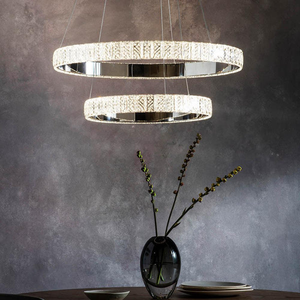 Endon Celeste 2-Light Crystal Pendant in Chrome – A modern pendant light featuring a sleek chrome finish and cascading clear crystals. Integrated 2 x 22.5W LED (SMD 2835) Cool White, dimmable, and height adjustable (450mm-1500mm).