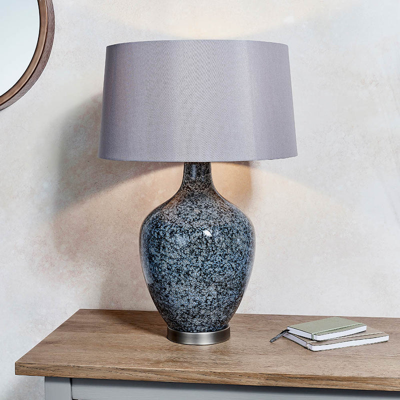 Endon Ilsa Glass Table Lamp in black glass and mink in a styled living room