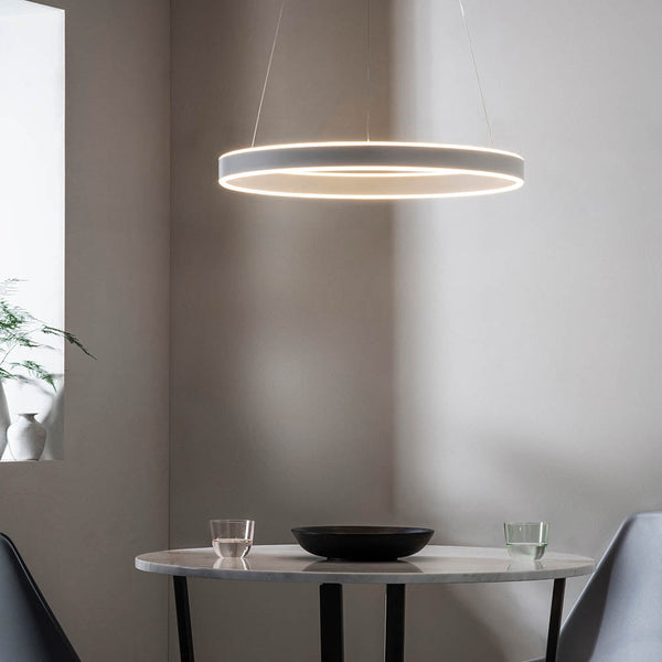 Gen Ring Multi Hoop Pendant Light in Satin Nickel features a sleek design with chrome accents, integrated SMD 2835 LED technology, and dimmable functionality, making it a stylish and functional centerpiece for modern interiors.